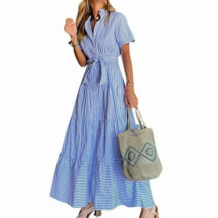 utcoco Womens Casual Striped Shirt Short Sleeve Maxi Dress Blue-M | Walmart (US)