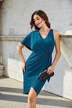 GRACE KARIN Summer Formal Midi Dresses for Women Wrap V-Neck Asymmetrical Sleeve Rouched Bodycon ... | Amazon (US)