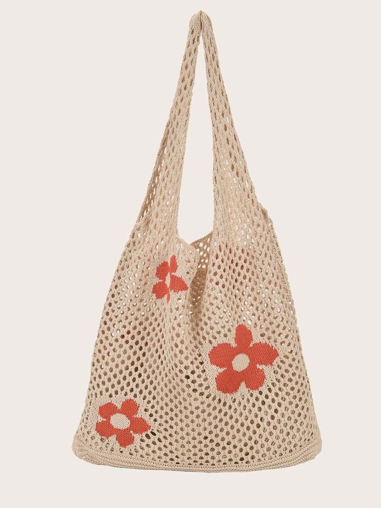 Flower Print Crochet Shopper Bag | SHEIN