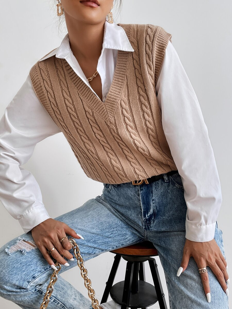 Calvaya Cable Knit Sweater Vest Without Blouse | SHEIN