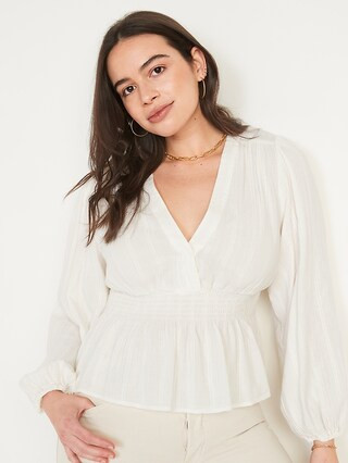 Long-Sleeve Deep V-Neck Dobby Smocked Blouse for Women | Old Navy (US)