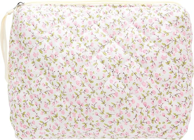 Quilted Makeup Bag Large Travel Zipper Soft Cosmetic Pouch for Women Girls Make Up,Floral Pink | Amazon (US)
