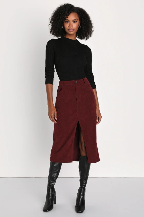 Refreshing Romance Burgundy Corduroy Midi Skirt | Lulus