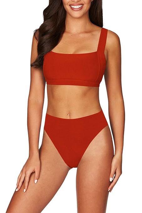 Elosele Women’s Square Neck Crop Top High Waisted Bikini Set Two Piece Swimsuit | Amazon (US)