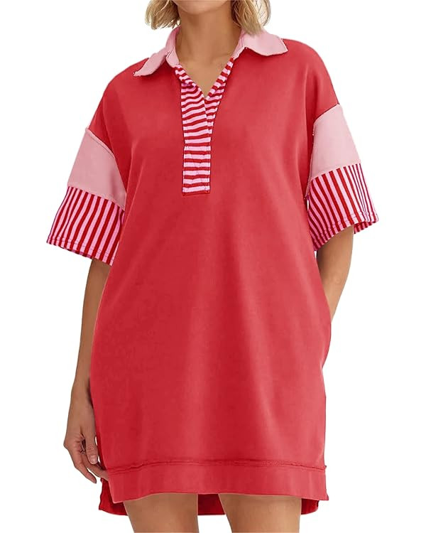 Wenrine Women's Polo V Neck T Shirt Dress Casual Summer Oversized Color Block Short Sleeve Sweats... | Amazon (US)