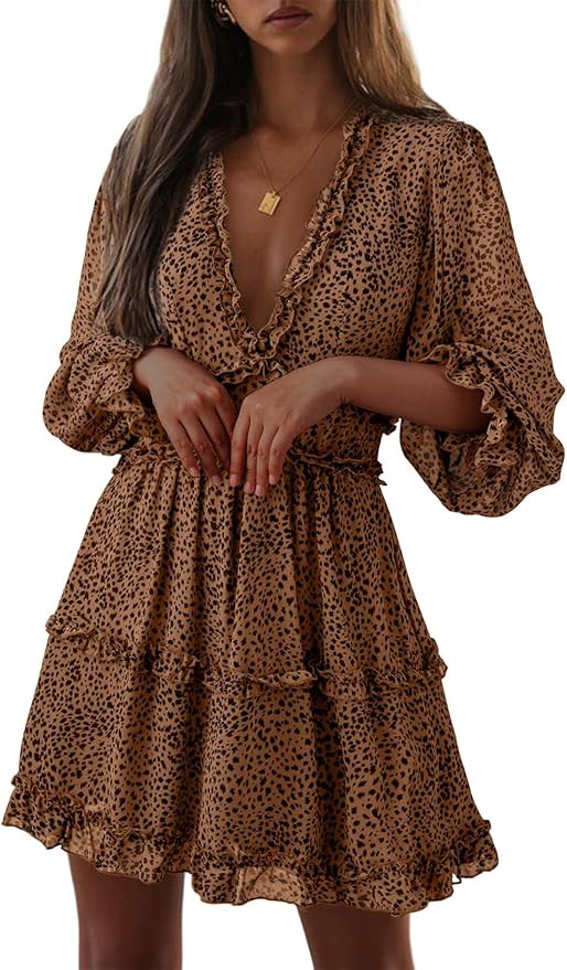 Dokotoo Womens 2024 Summer Fall Deep V Neck Long Sleeve Backless Ruffle Floral Flowy Mini Dress | Amazon (US)