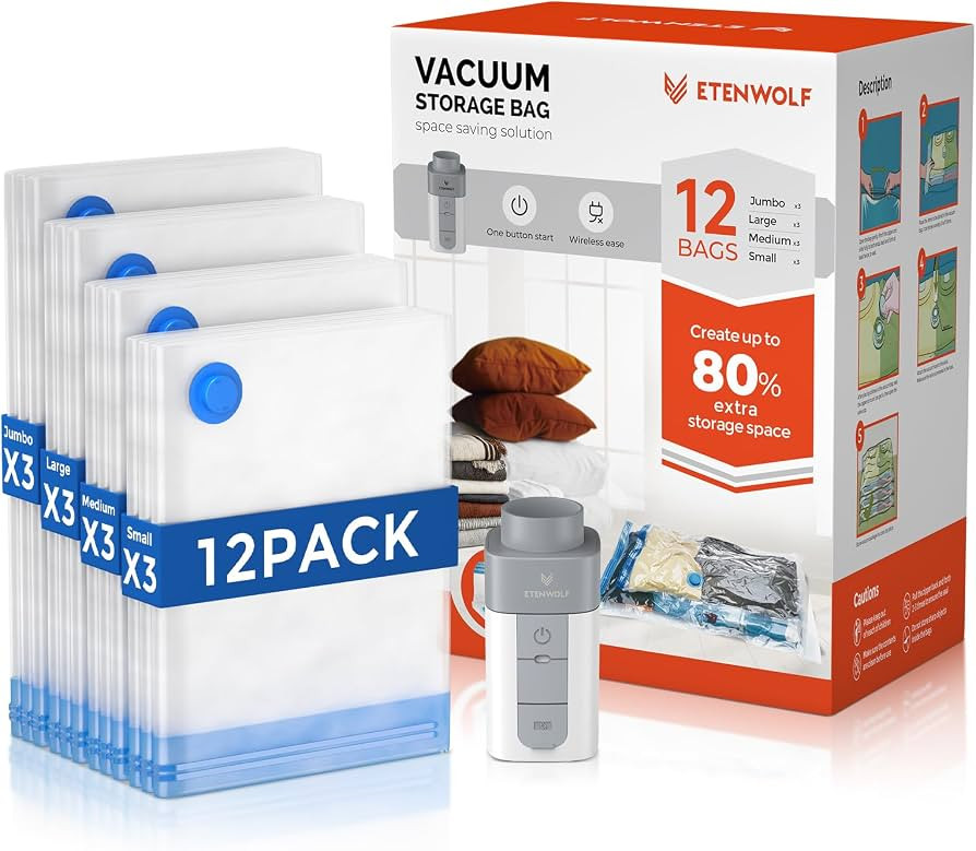 ETENWOLF 12 Pack Vacuum Storage Bags with Rechargeable Wireless Pump, Vacuum Seal Bags for Clothe... | Amazon (US)