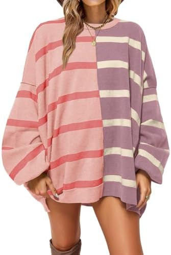 Fisoew Womens Striped Pullover Sweater Crew Neck Long Sleeve Knitted Color Block Casual Loose Lig... | Amazon (US)