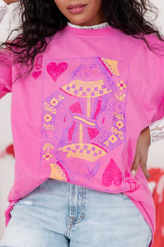 Queen of Hearts Hot Pink Oversized Graphic Tee | Pink Lily