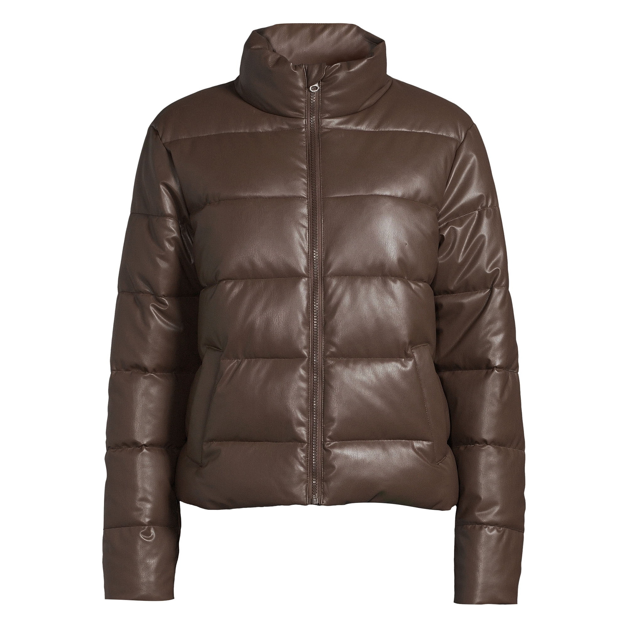 Time and Tru Women's Short Faux Leather Puffer Jacket, Sizes XS-3X | Walmart (US)