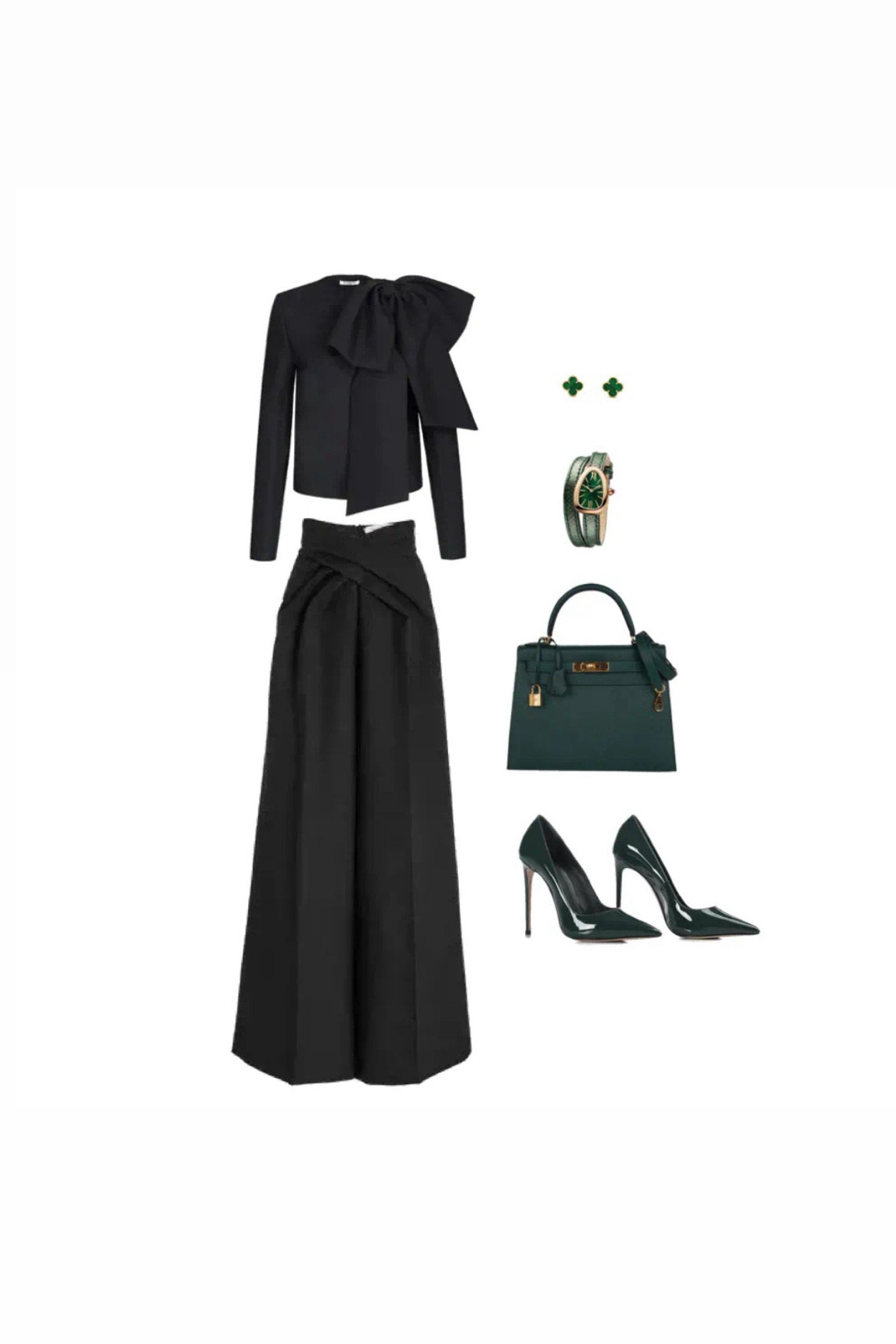 Classy girl 
Black blouse with bow 
Black tailored flared trousers 
Dark green Hermes bag 
Dark green heels 
Bulgari green serpentine watch 
Van cleef 
Budget outfit 
Recreate the look

#LTKstyletip #LTKparties #LTKitbag