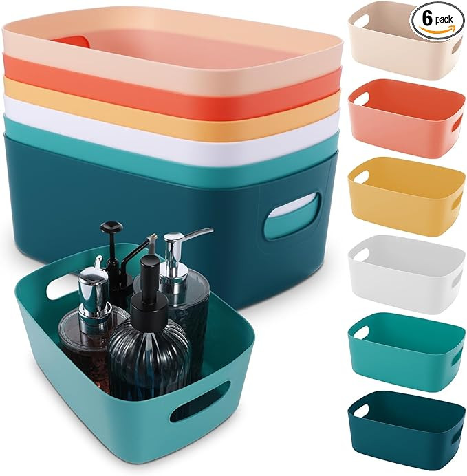 6 PCS Plastic Storage Bins – Multi-Purpose Organizer Bins with Handles for Kitchen, Bathroom, P... | Amazon (US)