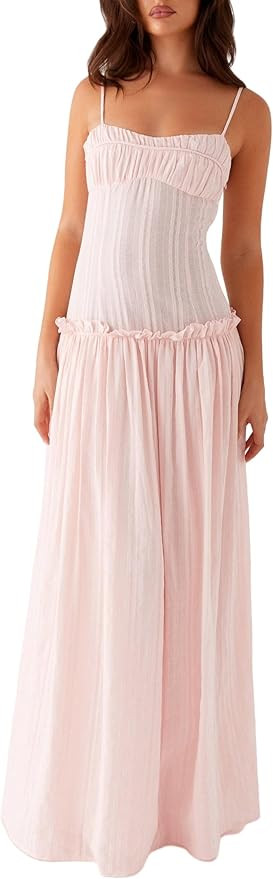 Women Spaghetti Strap Flowy Maxi Dress Smocked Drop Waist Aline Dress Long Ruffle Cocktail Sundre... | Amazon (US)