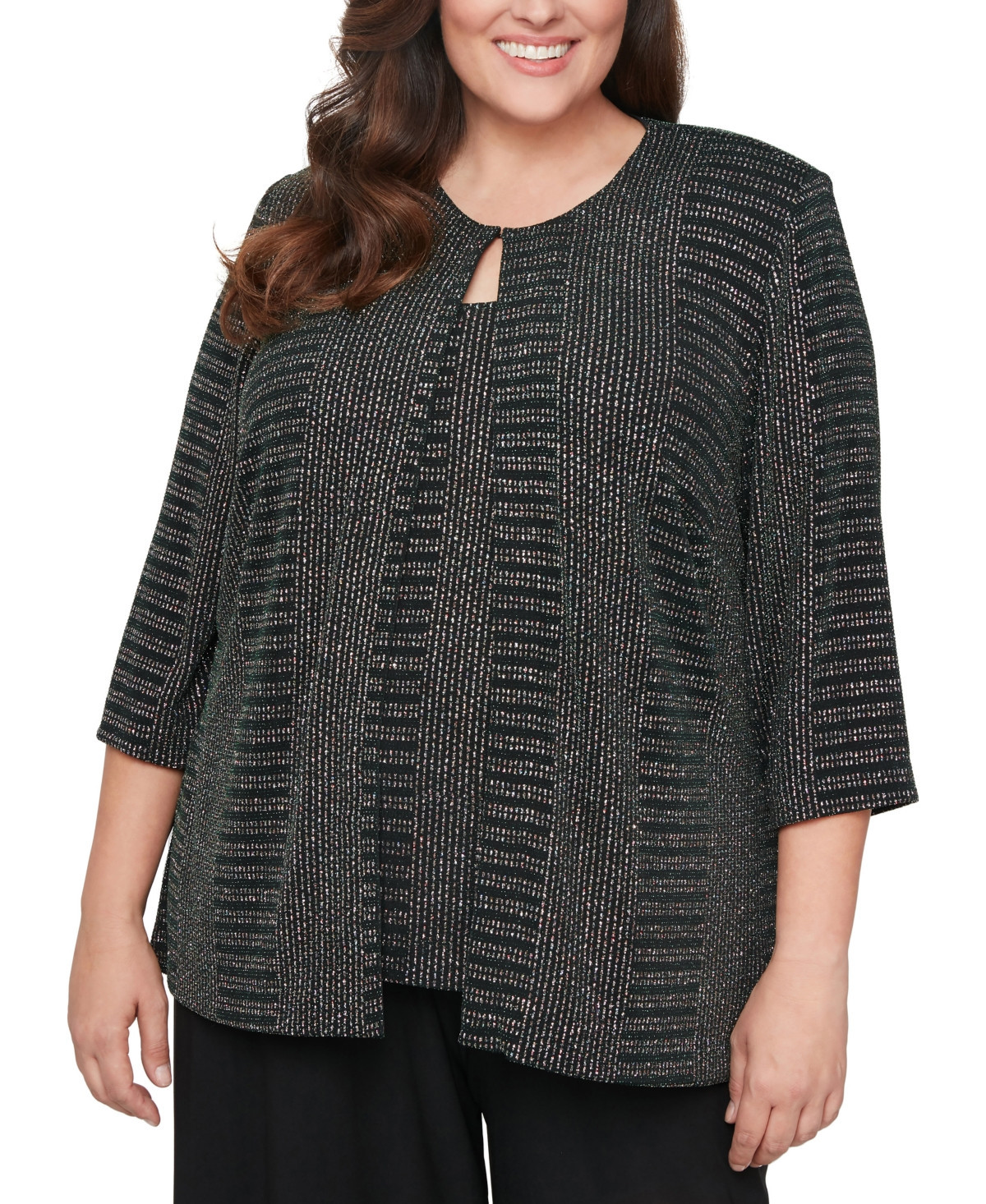 Alex Evenings Plus Size Metallic-Knit Tank and Jacket Set - Black/Emerald | Macy's