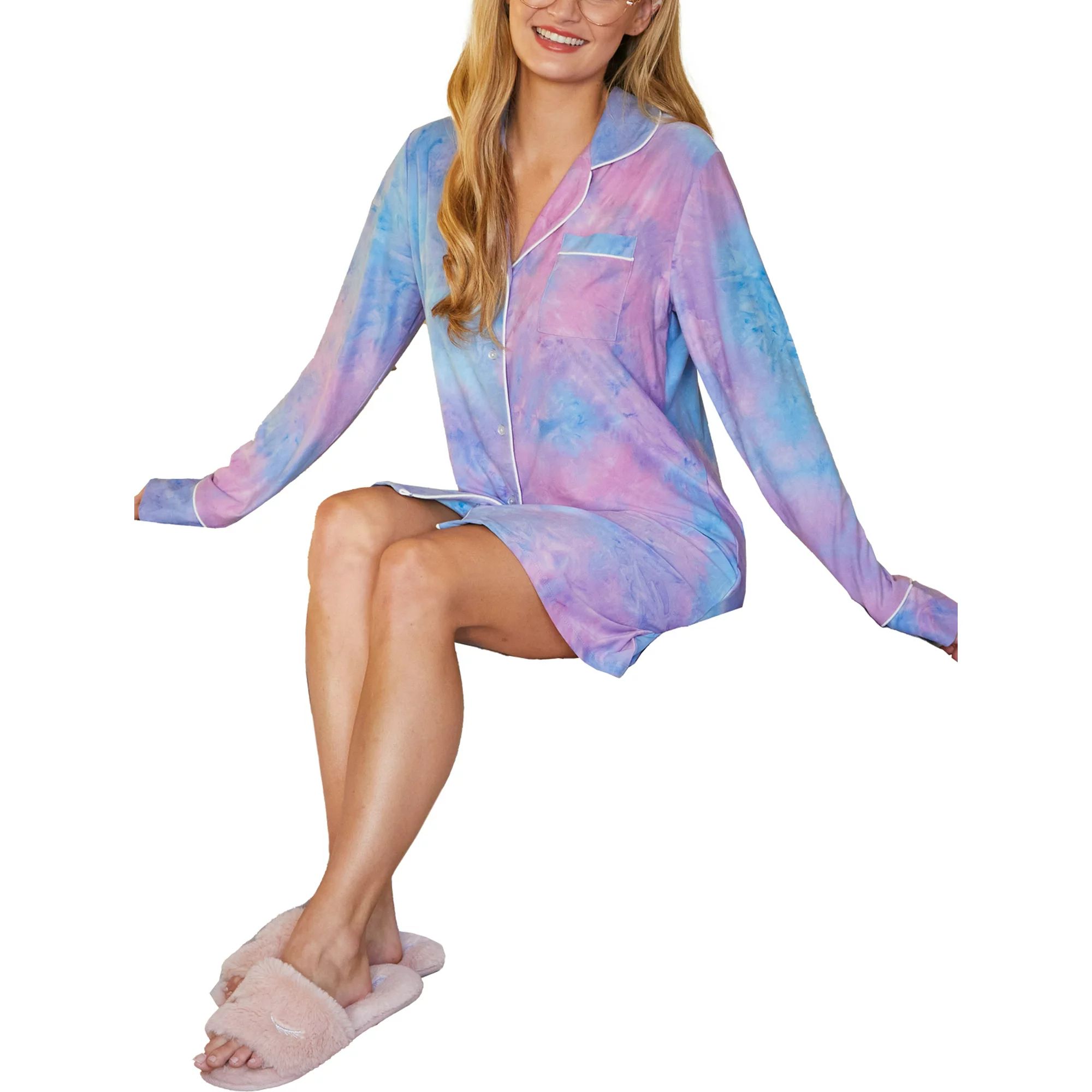 Doublju Women's Long Sleeve Button Down Nightgown Sleepwear Pajama Dress (Plus Size Available) | Walmart (US)