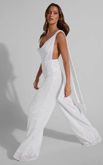 Malisha Jumpsuit - Cowl Neck Backless Jumpsuit in White Sequin | Showpo (US, UK & Europe)