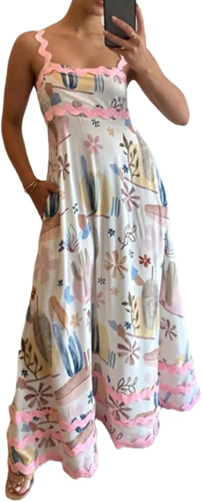 Women Graphic Long Cami Dress Spaghetti Strap Flowy Maxi Dress RIC Rac A Line Sundress Boho Summe... | Amazon (US)