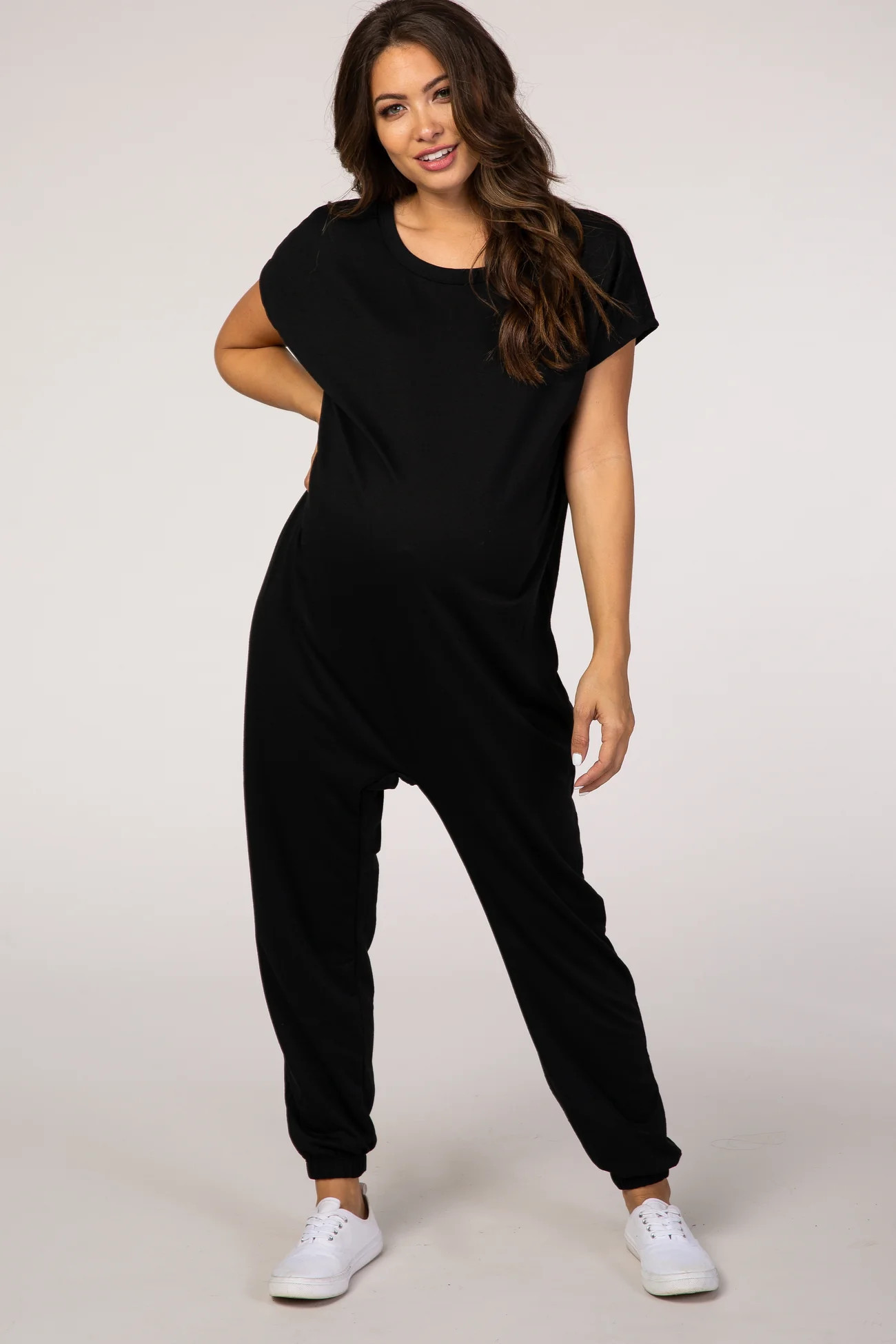 PinkBlush Black Short Sleeve Maternity Jumpsuit | PinkBlush Maternity