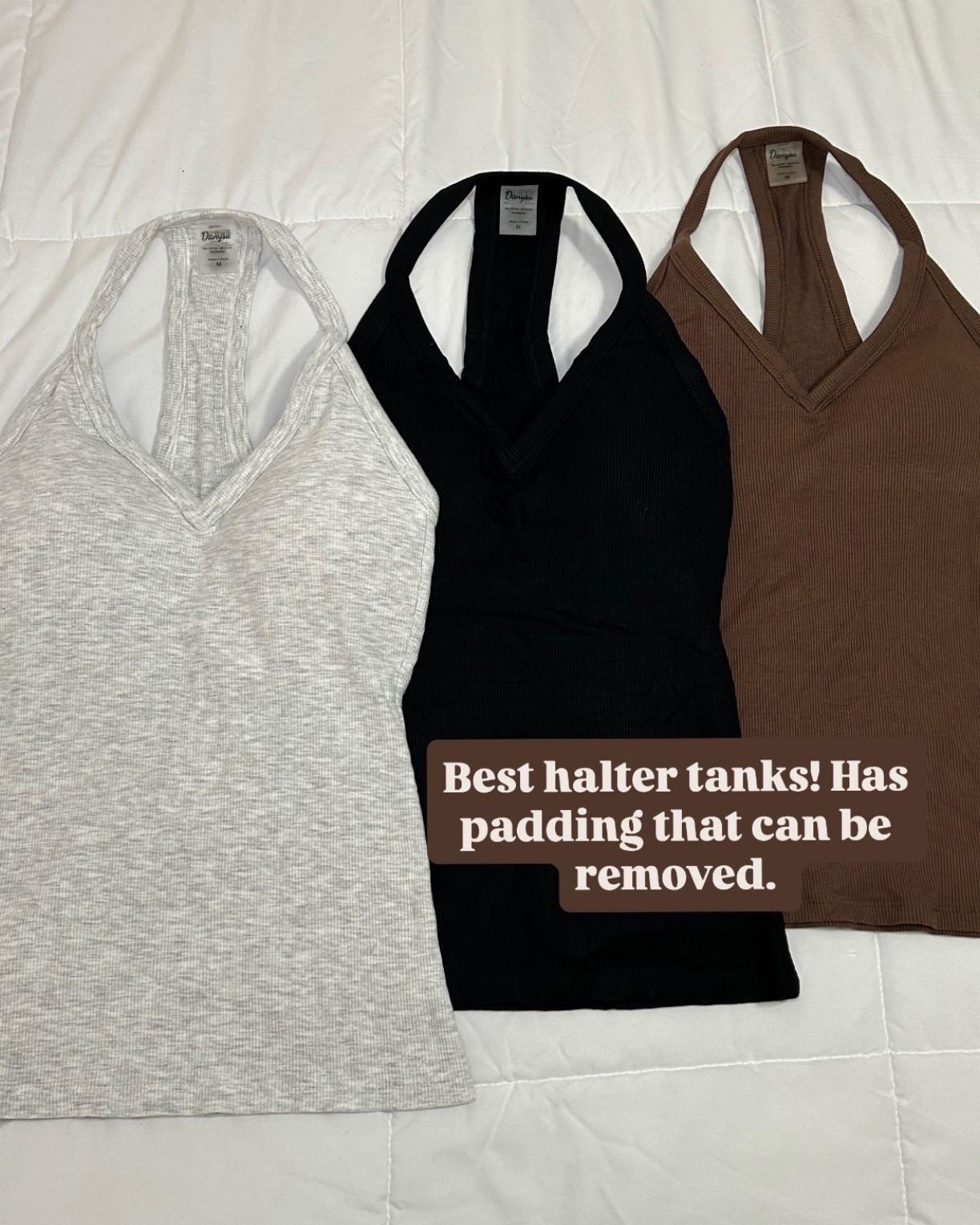 These halter tanks are great to wear under cardigans, sweaters, sweatshirts or just by themselves with leggings. 🤎🤍 They are the perfect length and I love that they have padding so I don’t need to wear a bra or the padding can he removed too. Only $15! 

#LTKTall #LTKOver40 #LTKActive