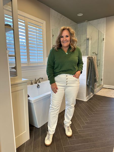 Easy early spring Outfit. These polo sweaters come in great spring colors, aren’t too heavy but warm enough. Wearing a large. 

White jeans size 14. I always size up in white denim. 

Banana republic JCREW spring outfit teacher outfit 

#LTKmidsize #LTKover40 #LTKfindsunder50