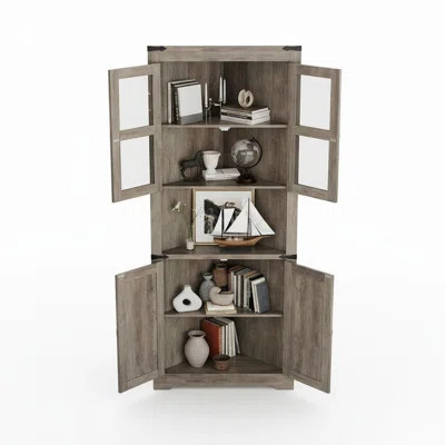 67" Tall Corner Storage Cabinet with Lights, Farmhouse Hutch with Glass Doors, Wooden Organizer for Kitchen, Living Room | Wayfair North America