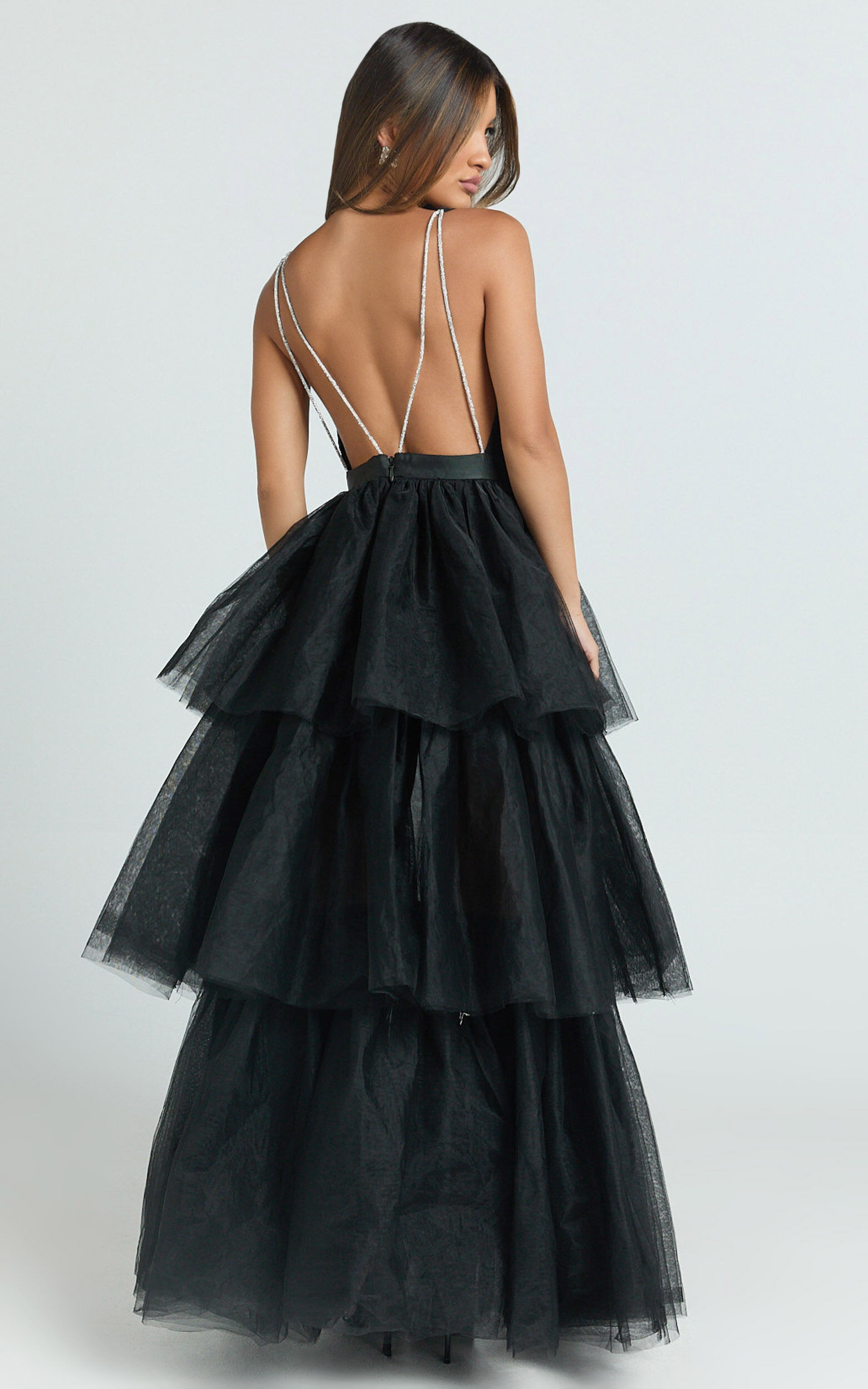 Jemma Maxi Dress - Tiered Tulle Plunge Cross Back Dress in Black | Showpo (ANZ)