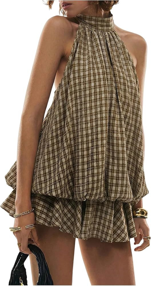 SOLY HUX Women's Plaid Halter Mini Dress Ruffle Bubble Hem Going Out Dress | Amazon (US)