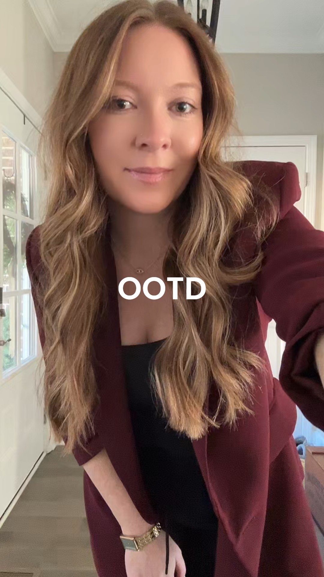 Maroon blazer / I love that this still has a shape! / tts wearing a medium 
Black bodysuit / tts wearing a medium 
Crepe wide leg pants / do not wrinkle and are so comfy! / tts wearing a medium
Black kitten heel booties / tts 
Gold watch 
Evil eye necklace 
Gold and diamond small hoop earrings 

#LTKFindsUnder100 #LTKWorkwear #LTKootd