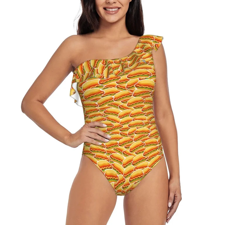 Gukieu Hot Dogs Print One-shoulder Ruffled One-piece Swimsuit with Removable Chest Pads and Tummy... | Walmart (US)
