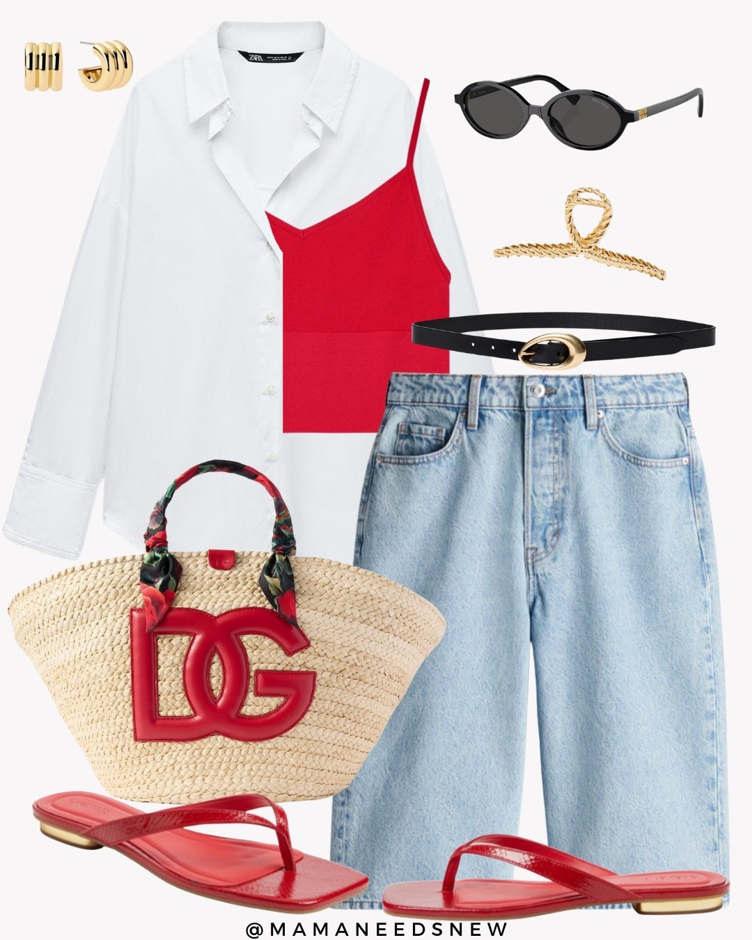 A summer outfit with a white shirt, red crop tank, Bermuda shorts, raffia bag & flip flop sandals ❤️

#LTKStyleTip #LTKItBag #LTKSaleAlert