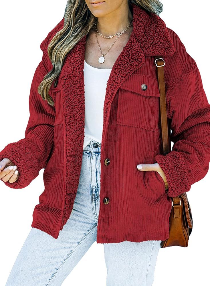 Dokotoo Corduroy Sherpa Jacket for Women Button Down Fleece Fur Collar Winter Warm Coat | Amazon (US)