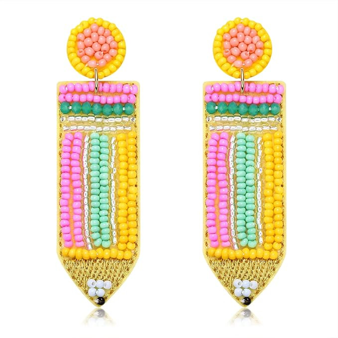 Beaded Pencil Earrings Teacher Earrings for Women Girls Handmade Funny Pencil Drop Dangle Earring... | Amazon (US)