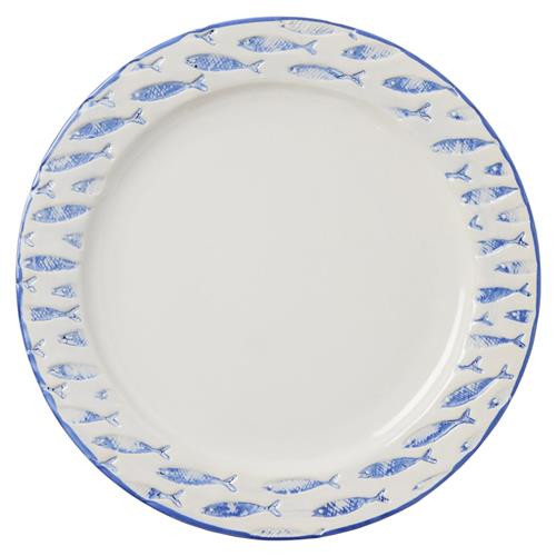 Gideon Coastal White Stoneware Blue Fish Dinner Plate - Set of 4 | Kathy Kuo Home