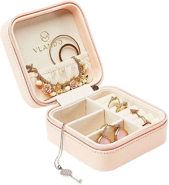 Vlando Small Faux Leather Travel Jewelry Box Organizer Display Storage Case for Rings Earrings Ne... | Amazon (US)