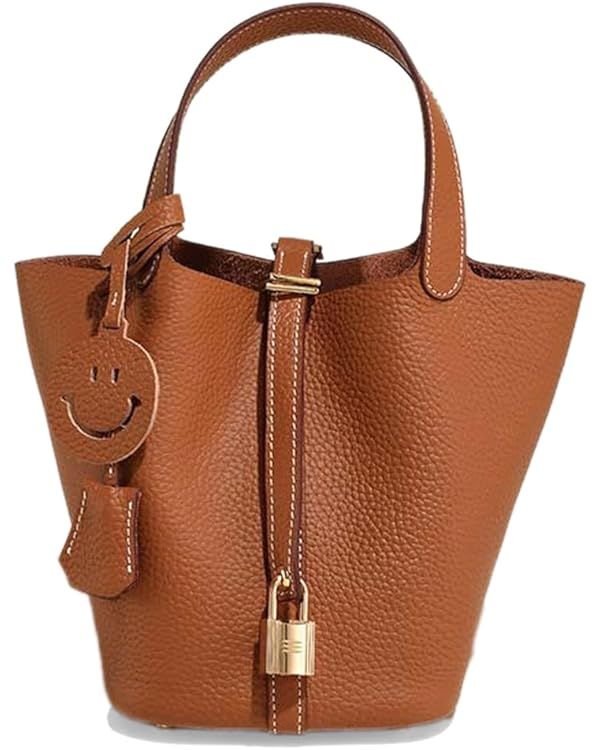 Genuine Leather Handbags for Women Bucket Bags Fashionable Lock Buckle Design The Leather Tote Ba... | Amazon (US)