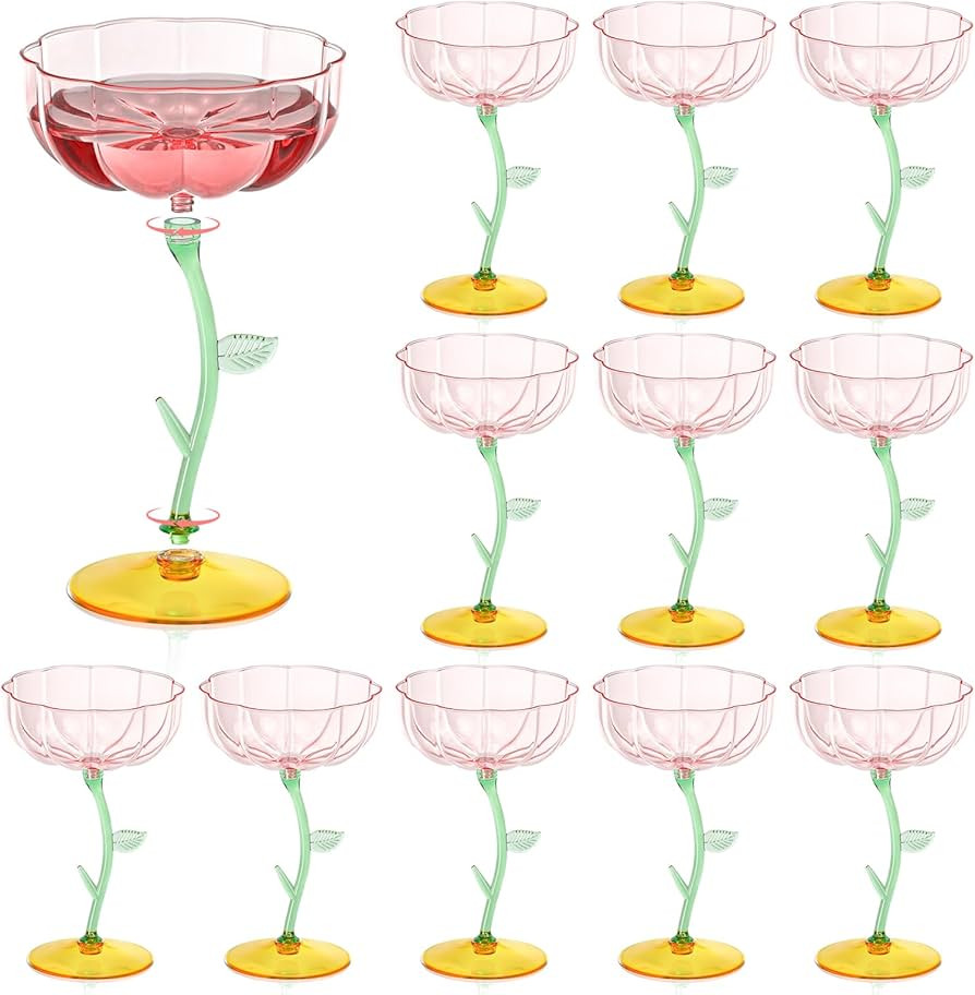 12 Pcs Pink Plastic Ribbed Coupe Glasses Detachable 7oz Flower Cocktail Glasses Modern Wavy Plast... | Amazon (US)