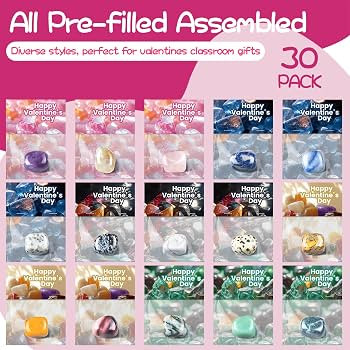 30 Pack Prefilled Valentines Cards & Crystal - Valentines Day Gifts for Kids Classroom - Gem Rock... | Amazon (US)