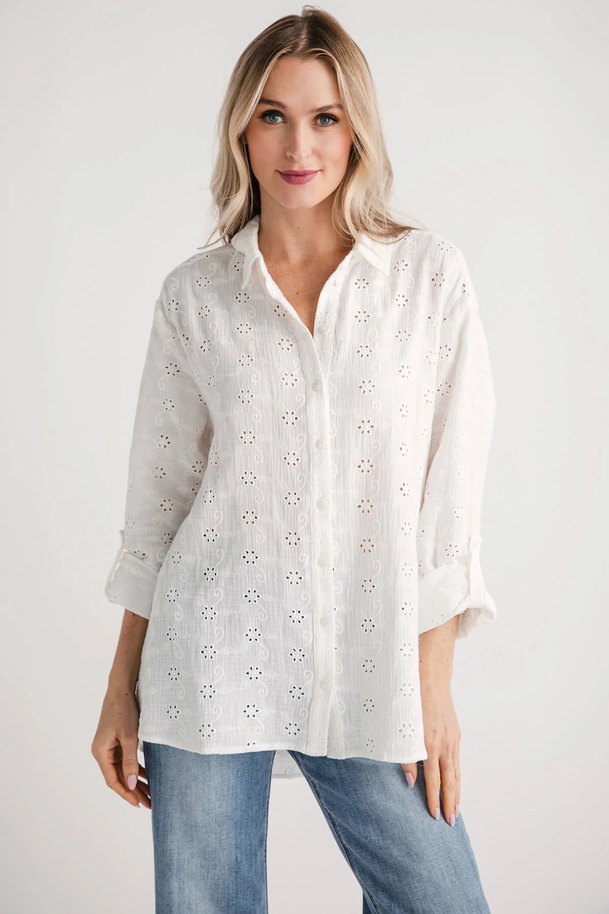 Lovestitch Eyelet Embroidered Button Down Top | Social Threads