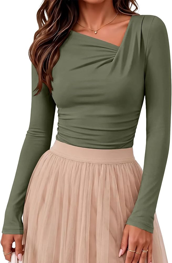 EVALESS Business Casual Tops for Women Asymmetrical Neck Ruched Blouses | Amazon (US)