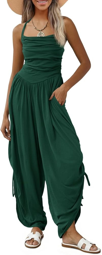 Fisoew Womens Casual Jumpsuits Summer Halter Straps Sleeveless Overalls Ruched Barrel Wide Leg Si... | Amazon (US)