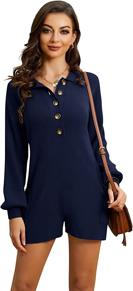Women's Rompers V Neck Button Down Long Sleeve Knitted Sweater Jumpsuit Fall Winter One Piece Out... | Amazon (US)