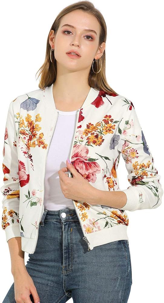 Allegra K Women's Casual Floral Printed Stand Collar Zip Up Thin Bomber Jacket | Amazon (US)