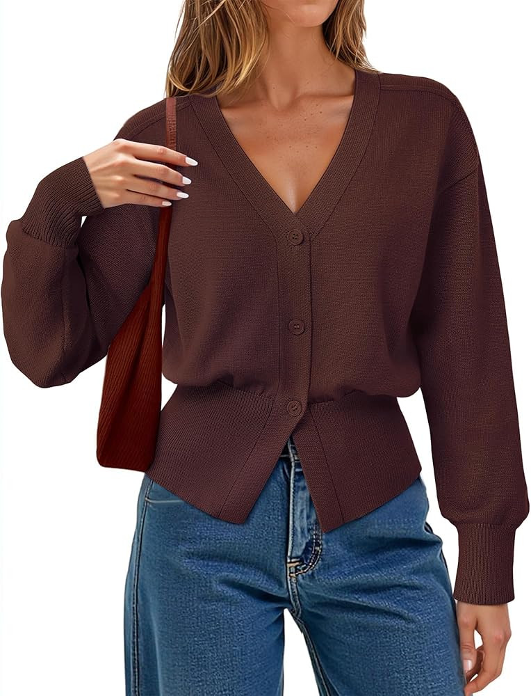 Gaharu Womens Open Front Cardigan Sweaters Long Sleeve Knitted Button Tops Casual V-Neck Peplum O... | Amazon (US)