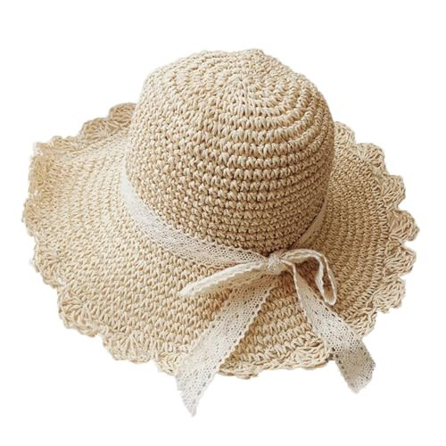 Summer Beach Sun Straw Hats for Women Ladies Wide Brim Lace Bow Floppy Packable Travel Bucket Hats UPF 50+ Crushable UV Fishing Cap Foldable Sun Protection Hat Beige | Amazon (US)