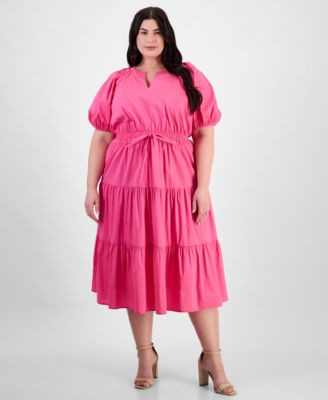 Anne Klein Plus Size Puff-Sleeve Tiered Midi Dress - Macy's | Macy's