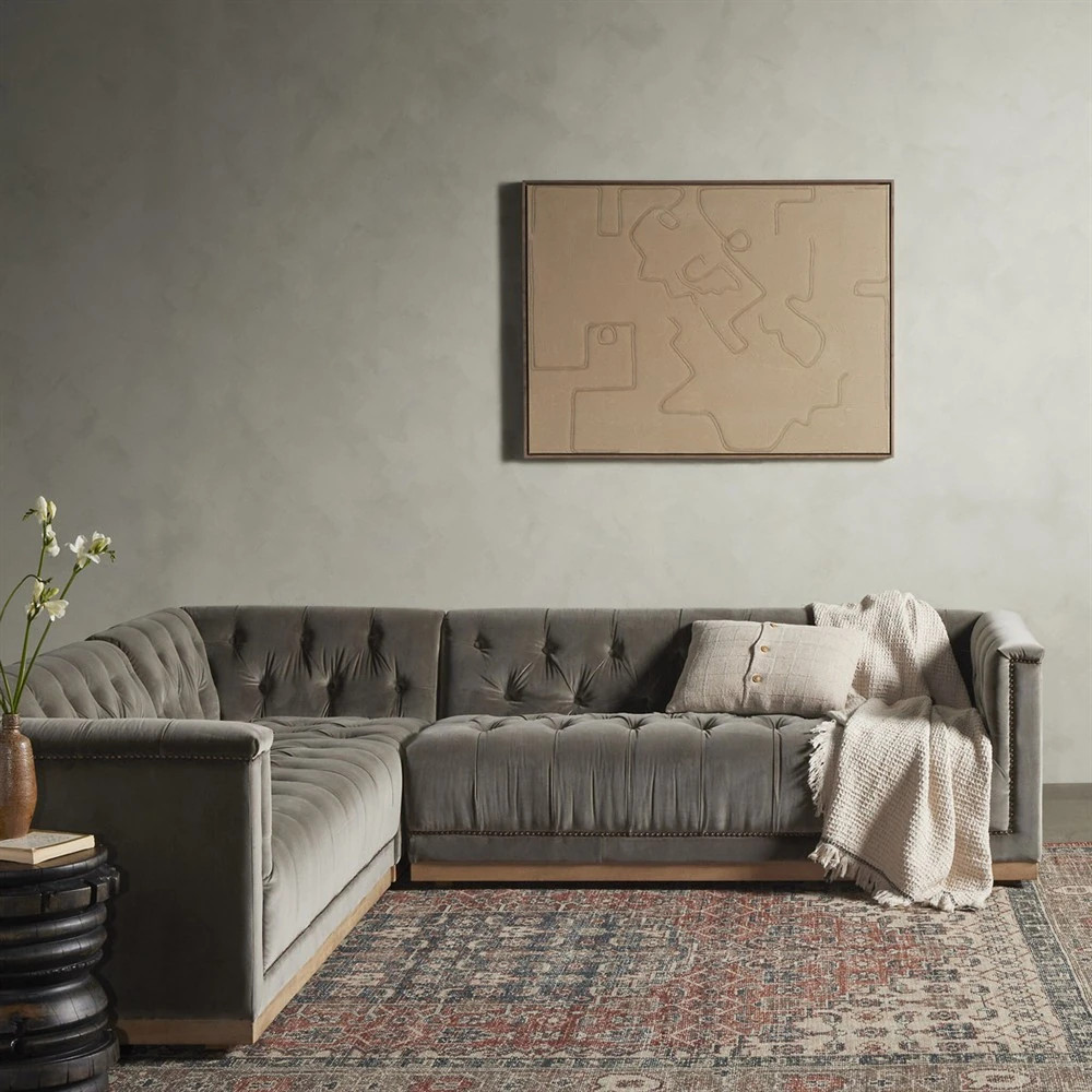 Emmy Rustic Lodge Grey Velvet Nailhead Corner Sectional - 101" | Kathy Kuo Home