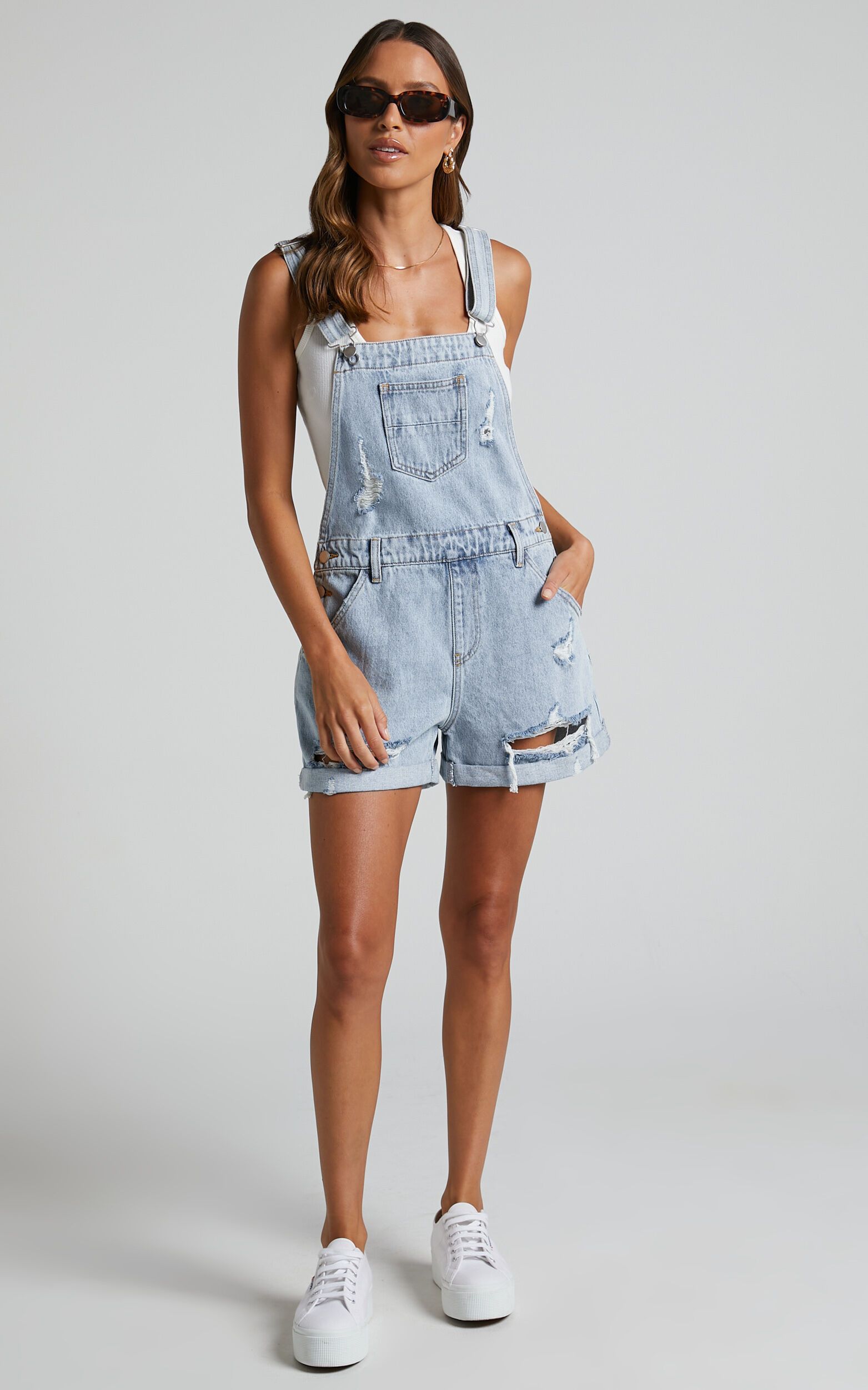 Rheana Overalls - Recycled Cotton Denim Short Overalls in Mid Blue Wash | Showpo (US, UK & Europe)