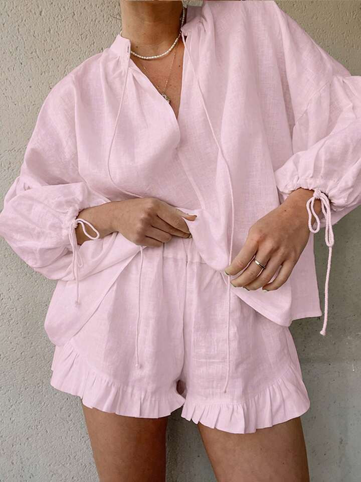 Women Cute Sweet 2pcs Outfits Solid Color Long Sleeve Tie-Up V-Neck Loose Fit Shirts Tops Elastic Waist Ruffle Trim Shorts Pj Set Loungewear | SHEIN