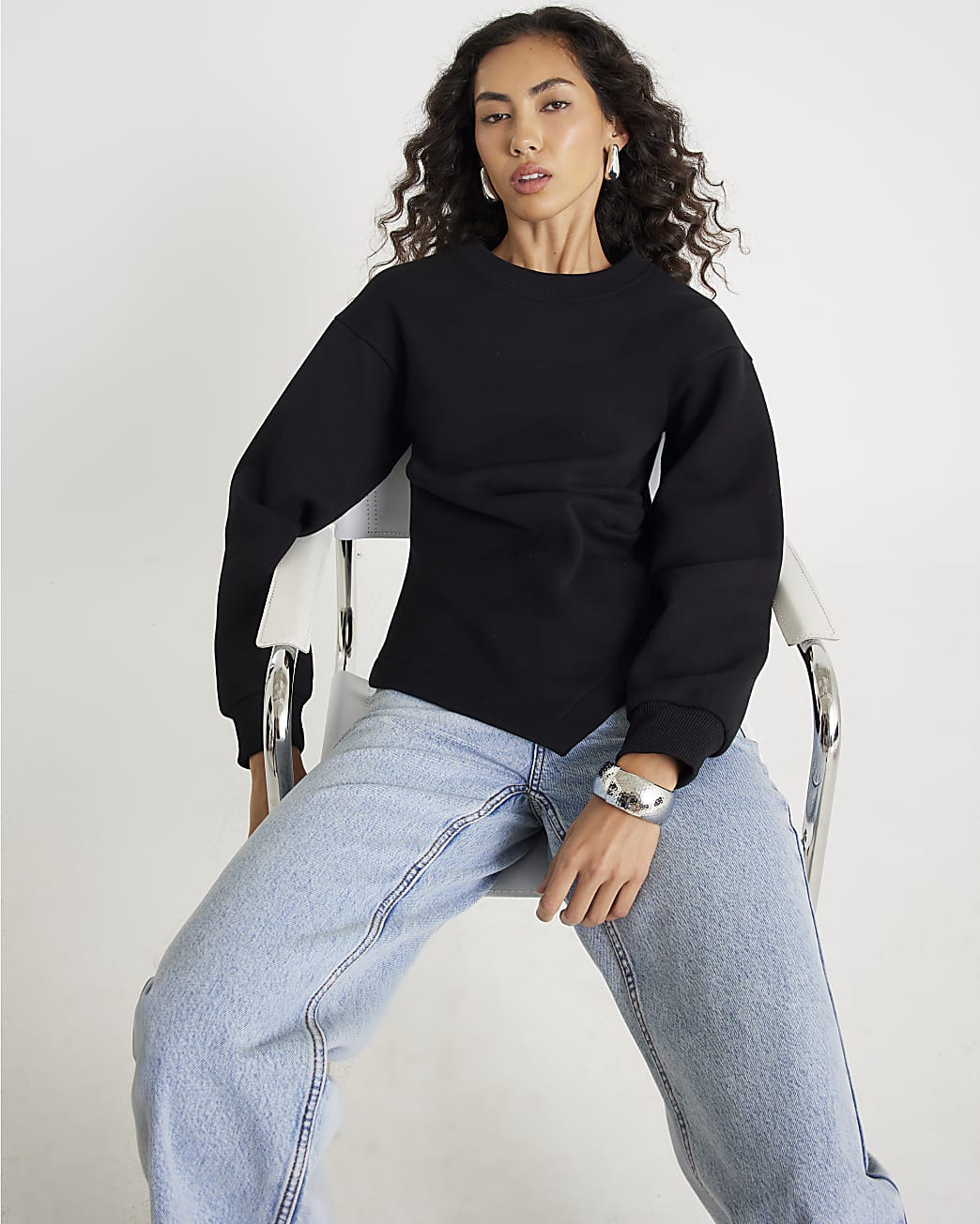 Black Long Sleeve Drape Sweatshirt | River Island UK & IE