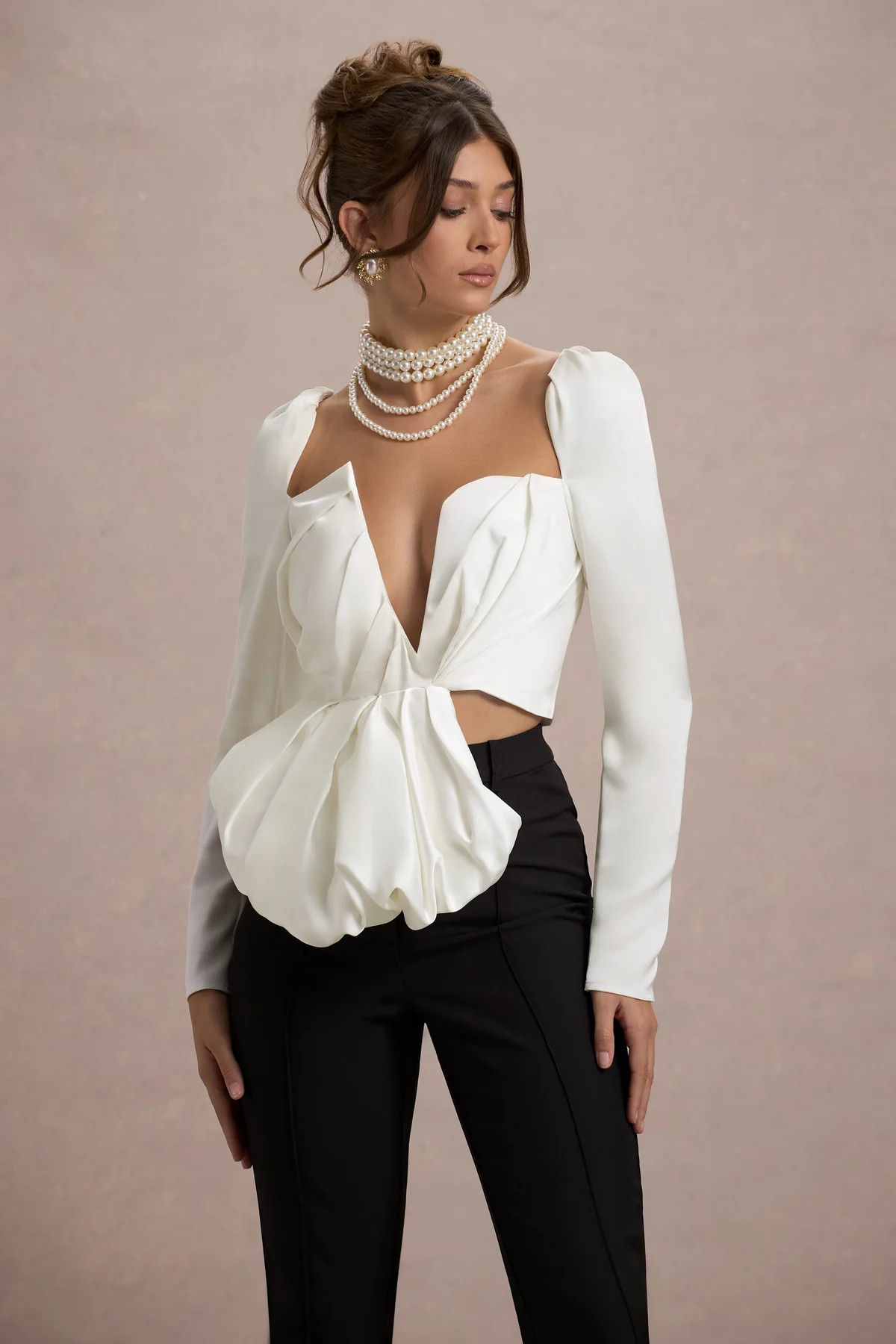 Bensley | Ecru Satin Asymmetric Plunge-Neck Top With Ruffle | Club L London